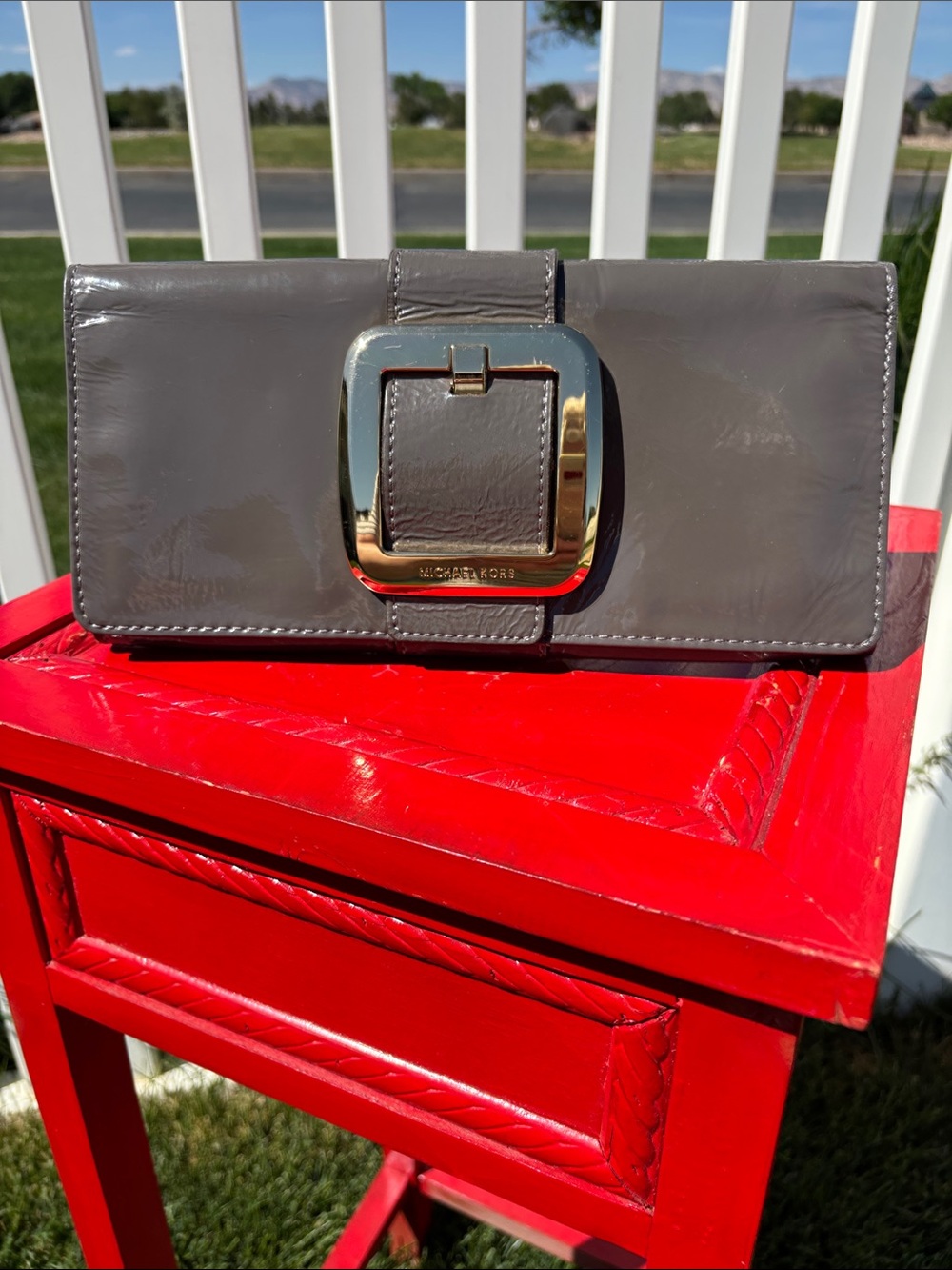 Grey Patented Leather Michael Kors Clutch, So Chic